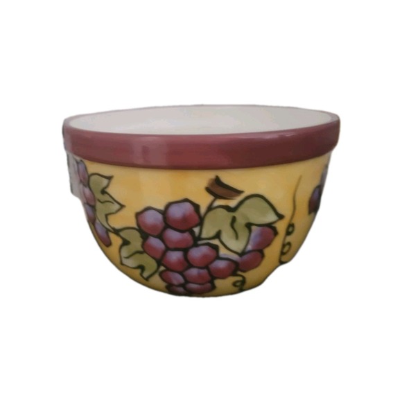 Lillian Vernon Ceramic Serving Bowl 6-1/2" Yellow w/ Purp Grapes & Green Vines - Picture 2 of 5